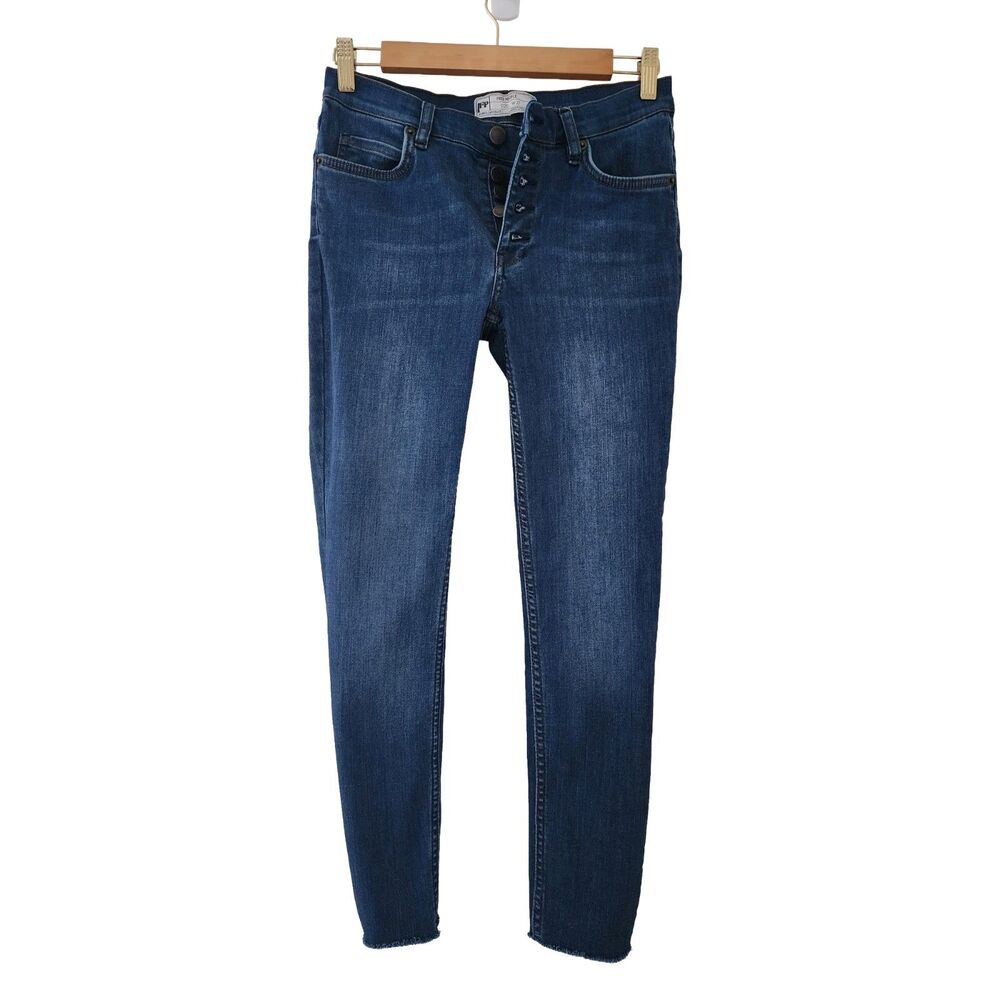 Free People Cropped Skinny Jeans Button Fly Raw Hem Blue Cotton Blend Women's 27